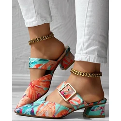 Summer Fashion Women Buckled Strap Point Toe Chunky Heel Mules Korean Style Abstract Print Slippers Sandals Traf