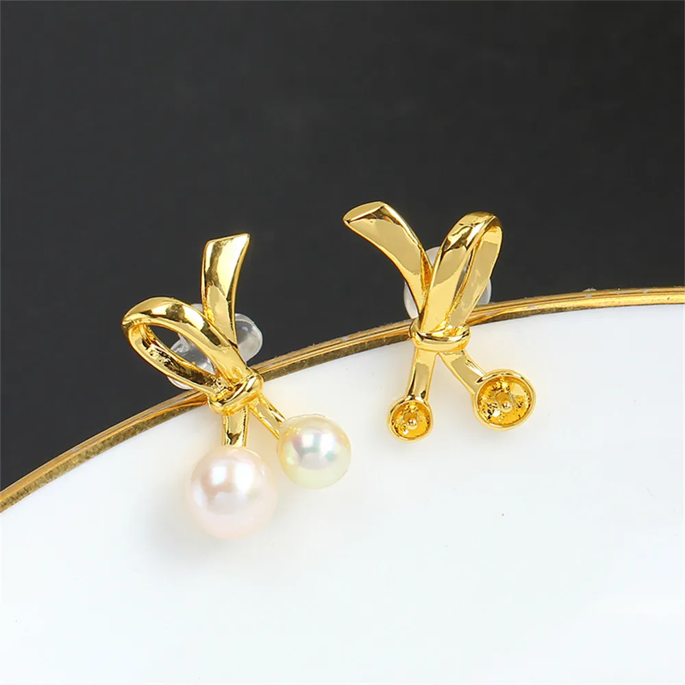 S925 Silver Needle Simple Glossy Double Bead Bow 14K Bag Gold Stud Earrings Empty Support DIY Accessories Small and Delicate