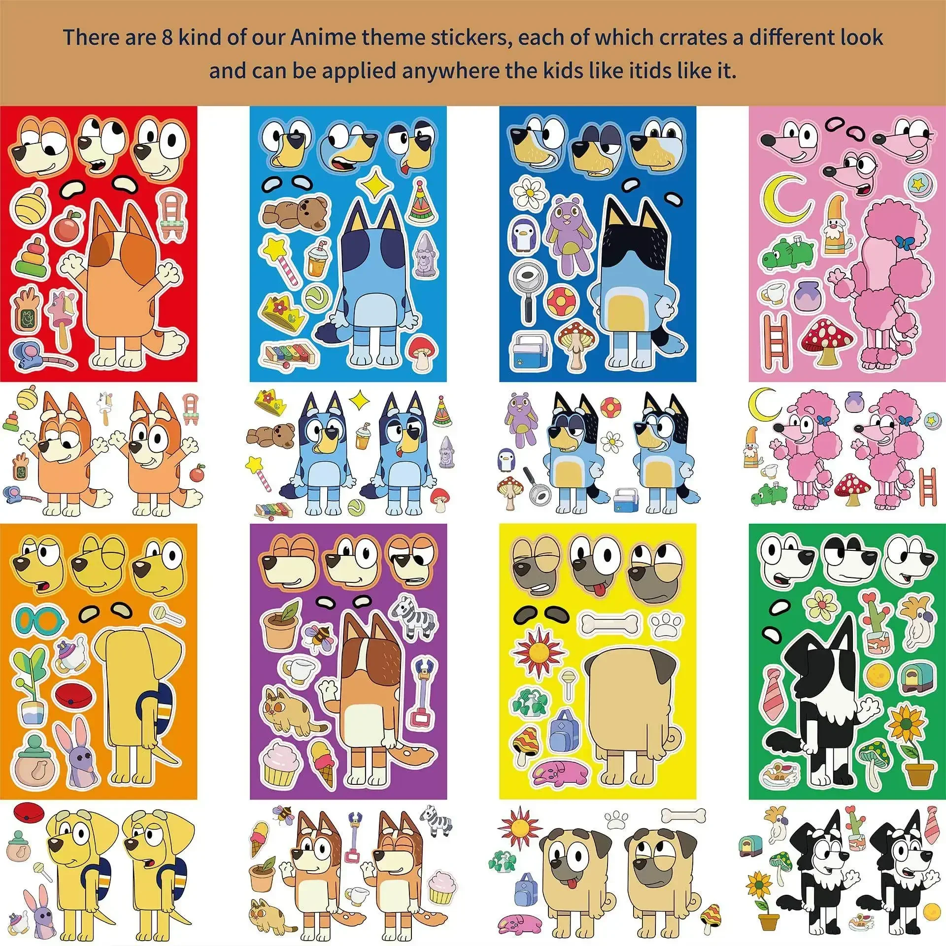 8 feuilles Bluey autocollant enfants Puzzle autocollants faire un visage drôle assembler Puzzle bricolage dessin animé autocollant enfants jouets éducatifs