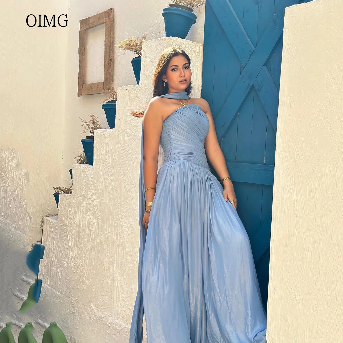 

OIMG Modern Blue Pleated A Line Prom Gowns Backless Ruched Party Gown Floor Length Evening Dress Customized