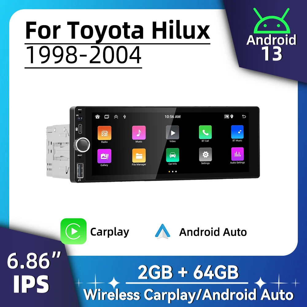 1 Din راديو السيارة أندرويد لتويوتا هايلكس 1998-2004 6.86 "شاشة ستيريو Carplay أندرويد السيارات الوسائط المتعددة رئيس وحدة Autoradio