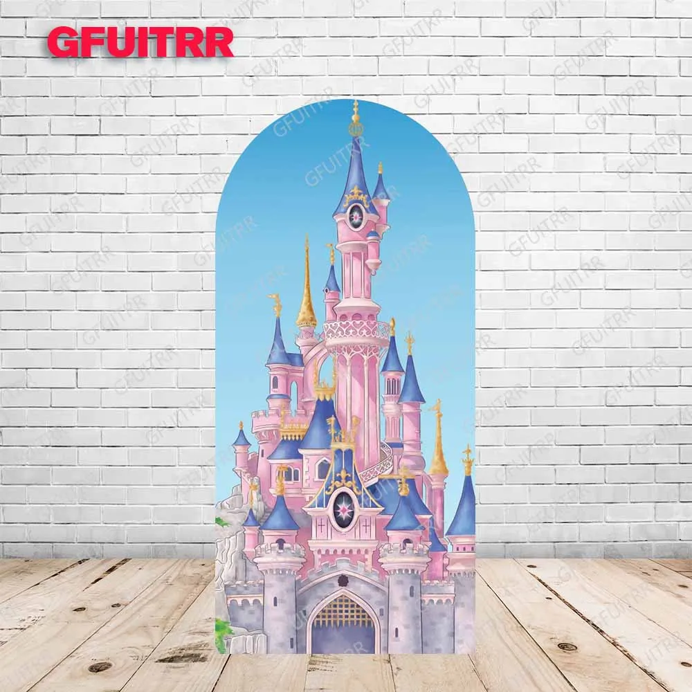 Disney Castle Blue Pink Backdrop Arch Cover Girls Birthday Decoration Photography Background Party Polyester Photo Booth Prop