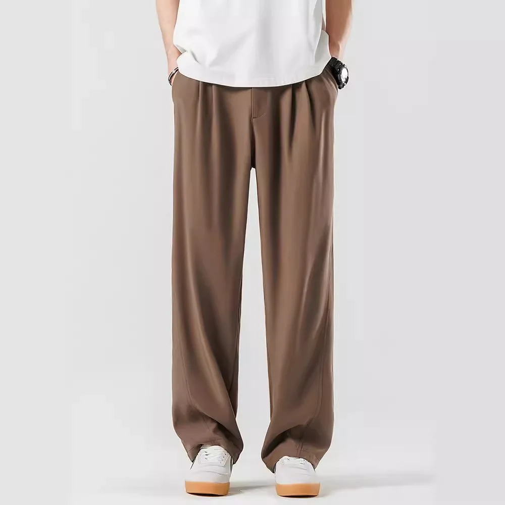 Drapey Casual Suit For Men, Summer Thin Ice Silk Loose Fit Draped Brown High-End Straight Long Pants