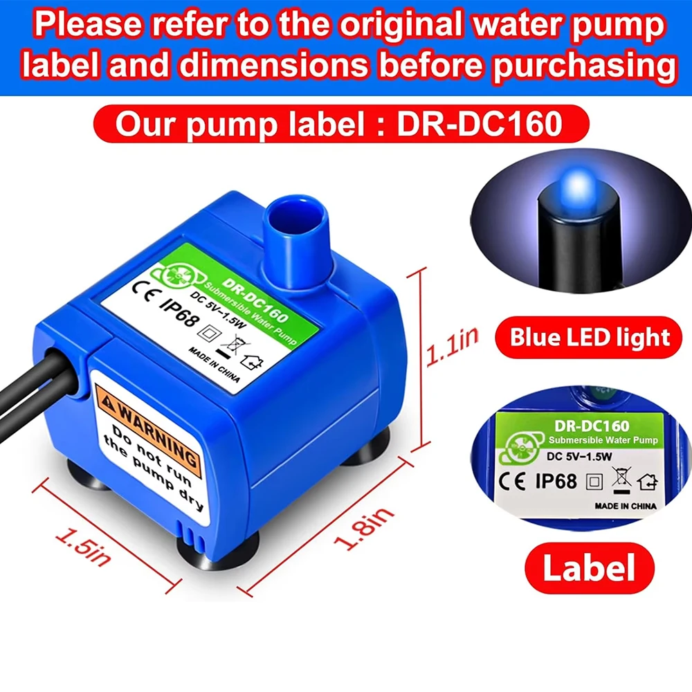 USB Wasserpumpe LED Licht Haustier Katze Wasser Brunnen Motor Ersatz für Katze Blumen Trinknapf Spender Haustier Zubehör – Detail 7