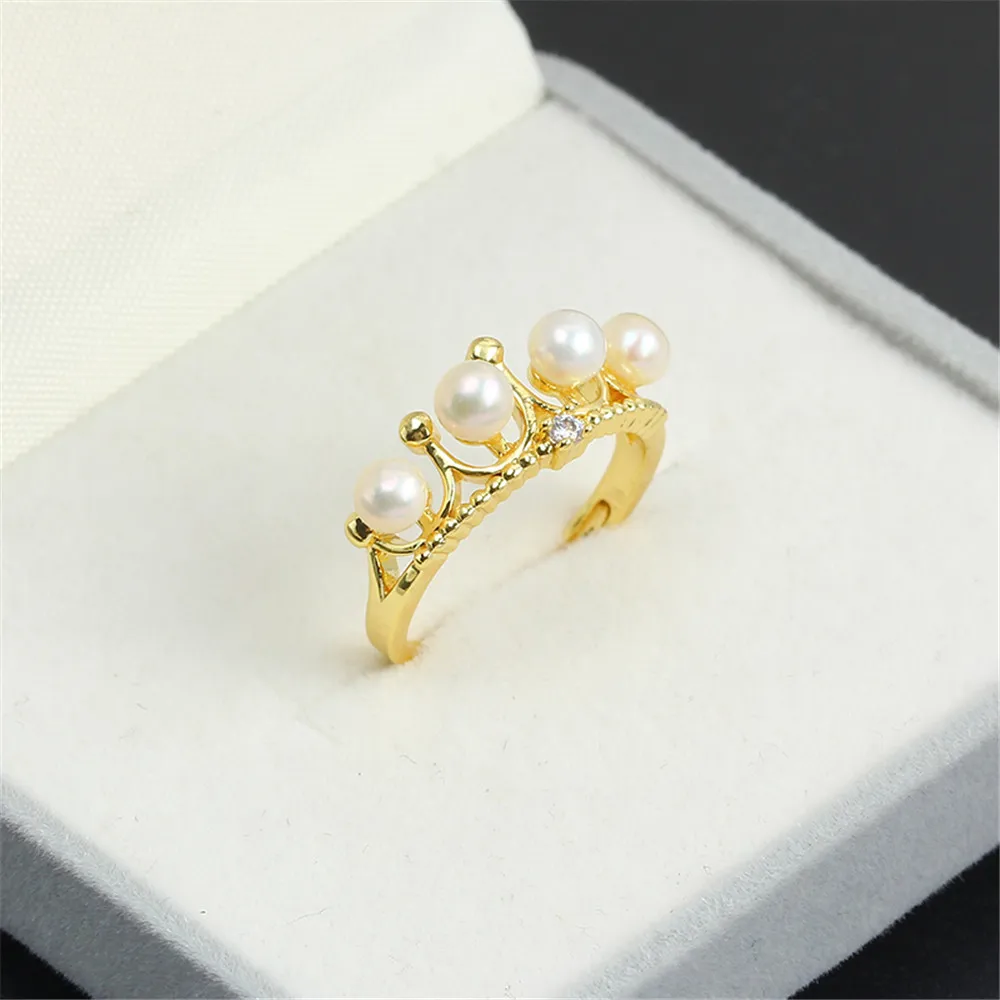 

Domestic 14k Gold Color Crown Open Ring Zircon Pearl Empty Bracket Adjustable DIY Accessories Fit 4-4.5mm