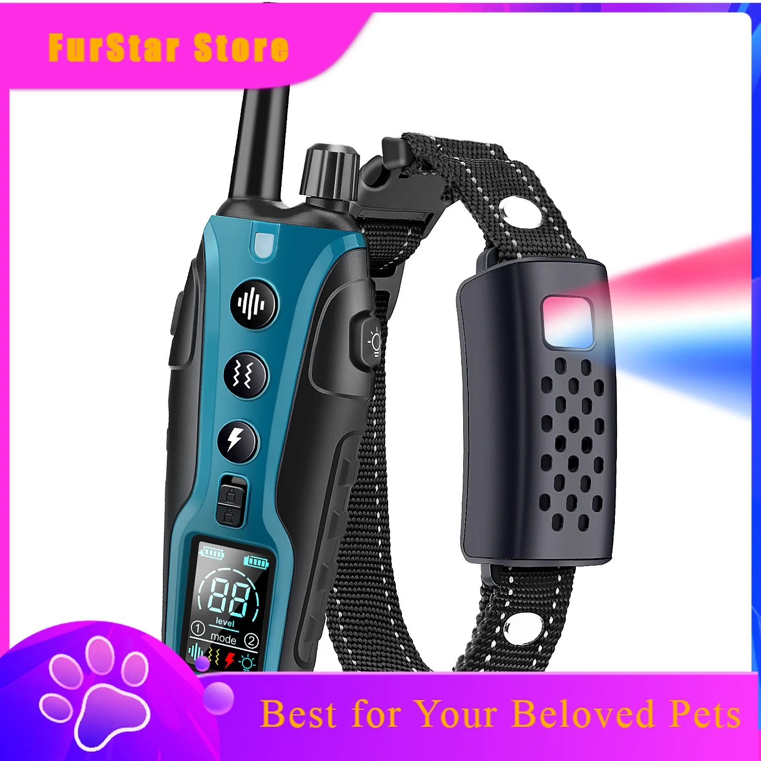 FurStar3280FT Pet Dog Training Shock Collar 3 Training Modes Beep Vibration Shock Flash Light Safety At Night Dual Battery Displ