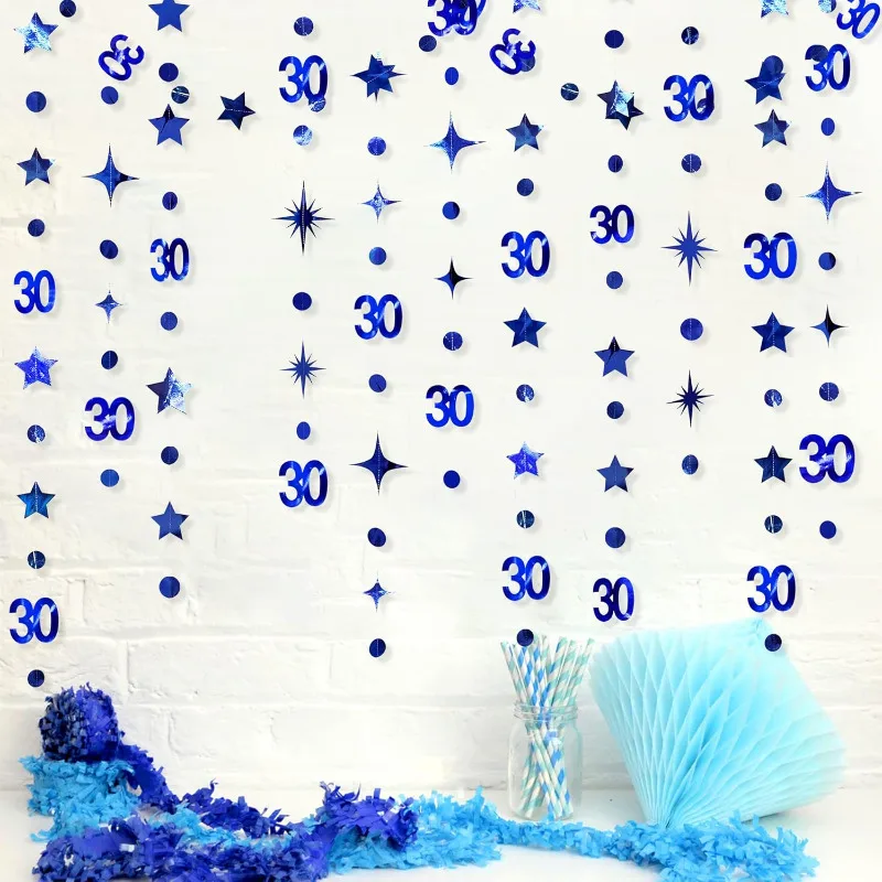 Blue 30th Birthday Decorations Number 30 Circle Dot Twinkle Star Garland Backdrop for 30 Year Old Birthday Party Supplies