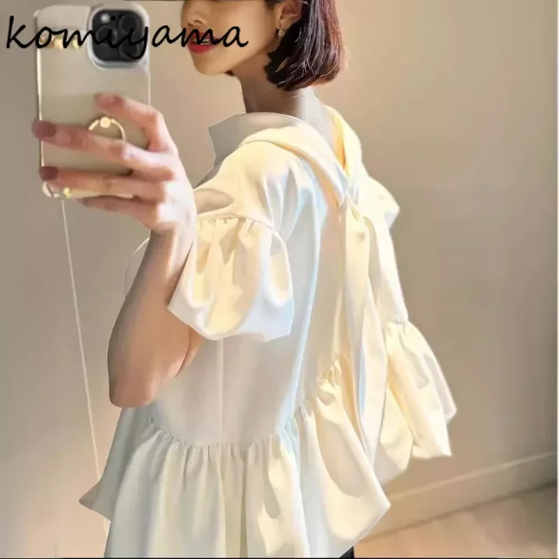 Back Lace-up Shirts & Blouses Puff Short Sleeve Blusas Japan Style Sweet Camisas Loose Hem Ropa Mujer 2024 Summer NewTops