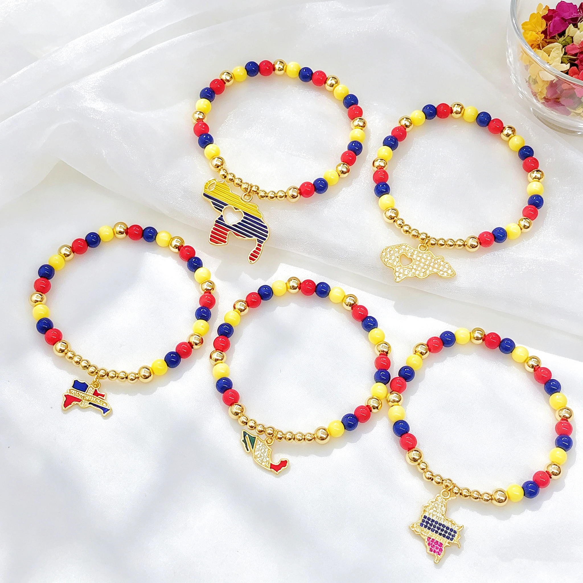 Sparkling Zirconia Colombia Venezuela Mexico Flags Stretch Bracelet Adjustable Beaded Patriotic Enamel Jewelry for Men Women