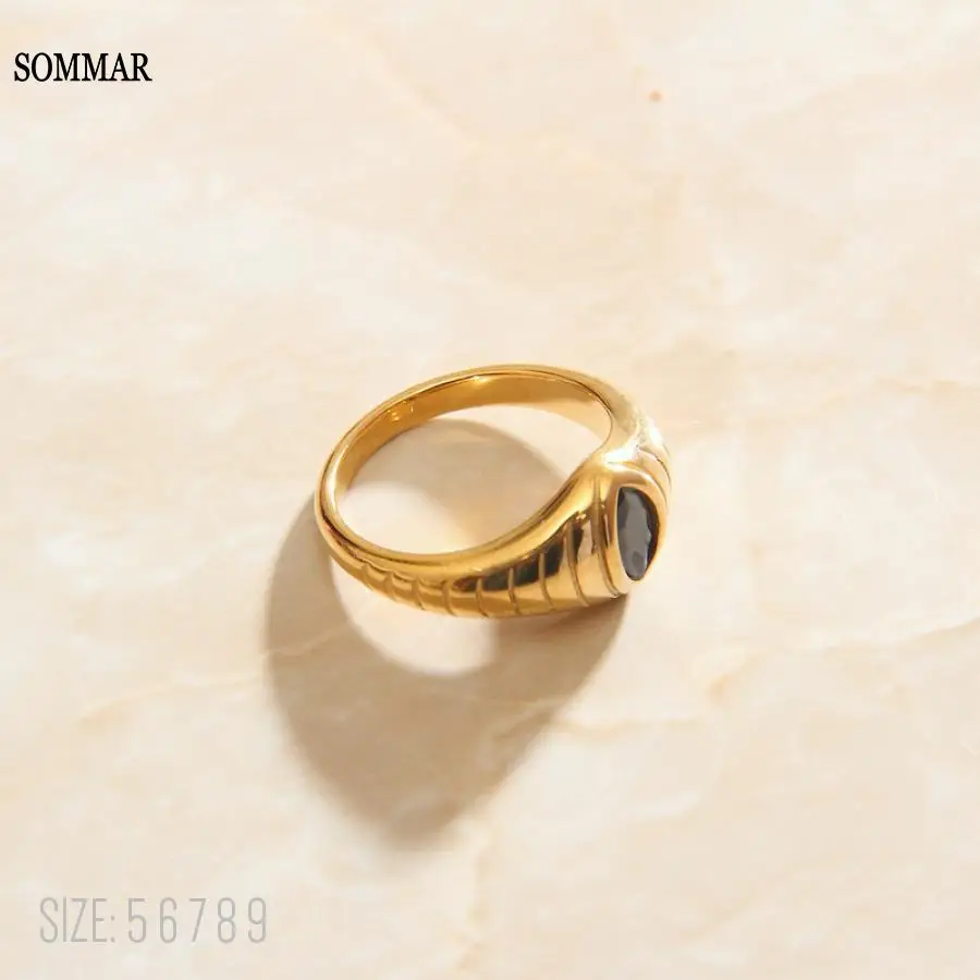 SOMMAR Xmas Gift Gold Plated color size 5 6 7 8 9 Goddess stainless_steel Engagement rings black eye zircon opal charms