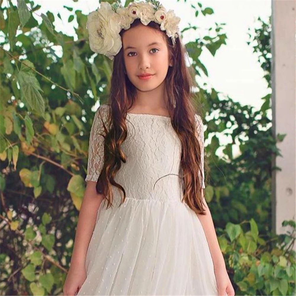 Elegant Flower Girl Dress White Tulle Lace Printing Princess Ball Beauty Pageant First Communion Gowns Kids Birthday Present