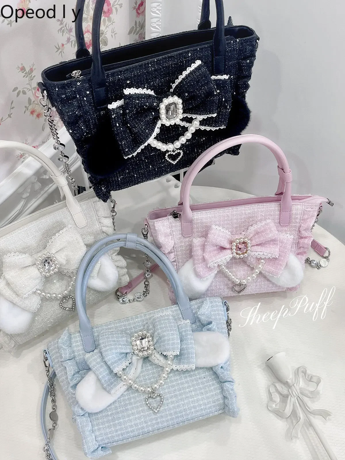 Original Mass-produced Japanese Lace Portable Messenger Bag Sweet Girl Heavy Industry Pearl Bow Temperament Princess Lolita Bag