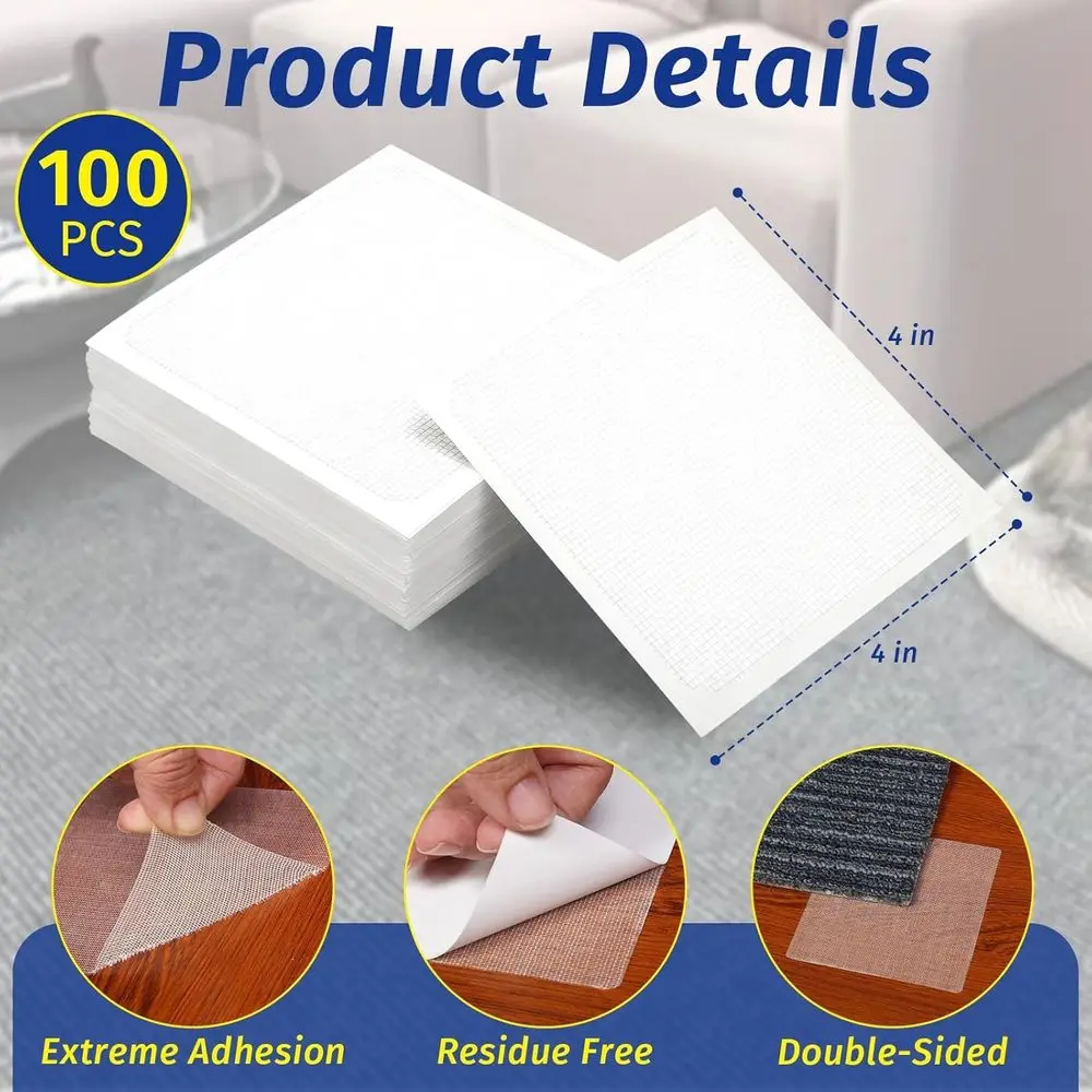 Carpet Tile Tape Double Sided, 4 x 4 Inches 100 Tabs, Rug Tape Grippers for Indoor Outdoor Use, Non Slip Adhesive for Area Rugs