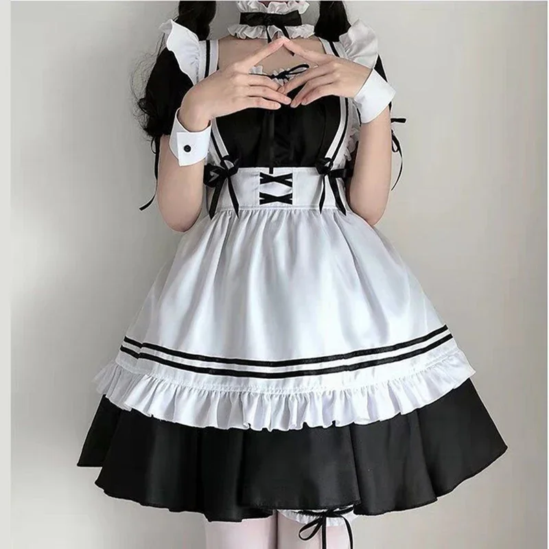 Japanese Anime Cosplay Costumes Black Cute Lolita Maid Outfit Girls Women Lovely Maid Apron Dress Halloween Role Play Costumes