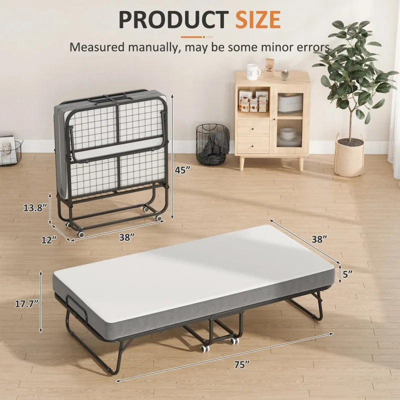 Foldable Bed with Memory Foam Mattress Twin Size Rollaway Bed for Adults 4 Locking Wheels Heavy Duty Metal Frame Space Saving