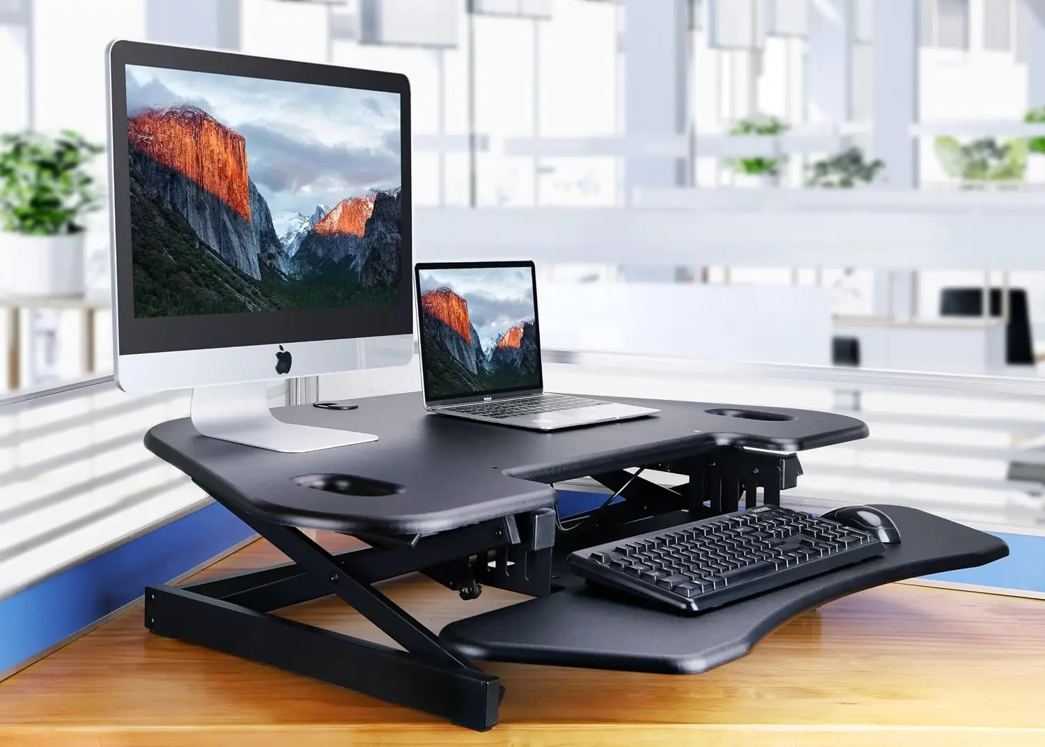 46 inch height adjustable corner standing desk quick sit stand dual monitor riser gas spring tabletop computer workstation large