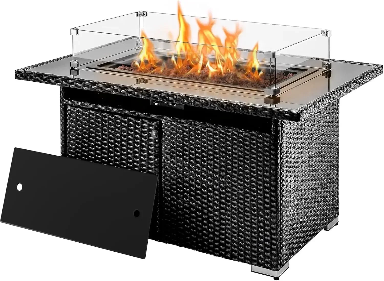 Mesa Fire Pit de 44 pulgadas con protector de viento de vidrio, 50.000 BTU, CSA, con encimera de vidrio templado, tapa Firepit