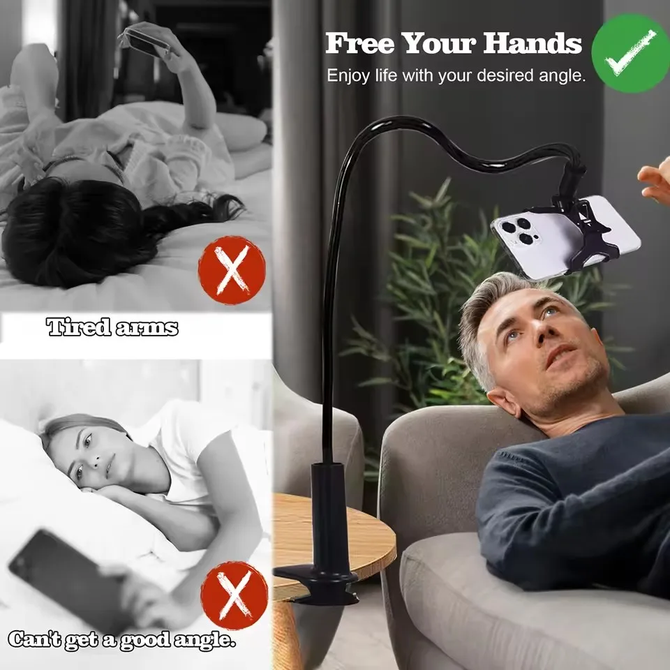 65cm 폰 클립 스탠드 홀더, 그립이 있는 유연한 롱 암 레이지 브래킷 마운트 클램프, 아이폰 16 Pro 액세서리 폰 홀더