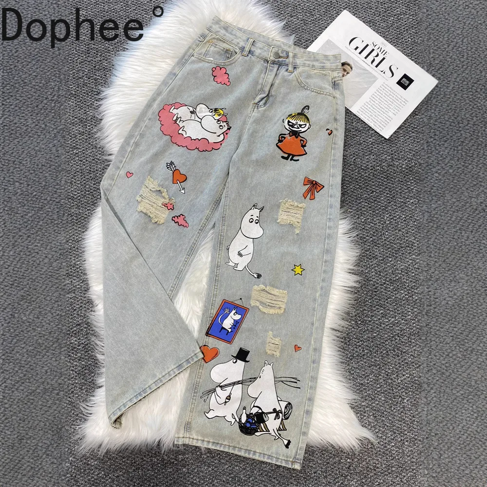 

Cartoon Printing Women Denim Trousers 2025 New Spring Summer Hole High Waist Pants Mopping Floor Casual Wide Leg Straight Jeans