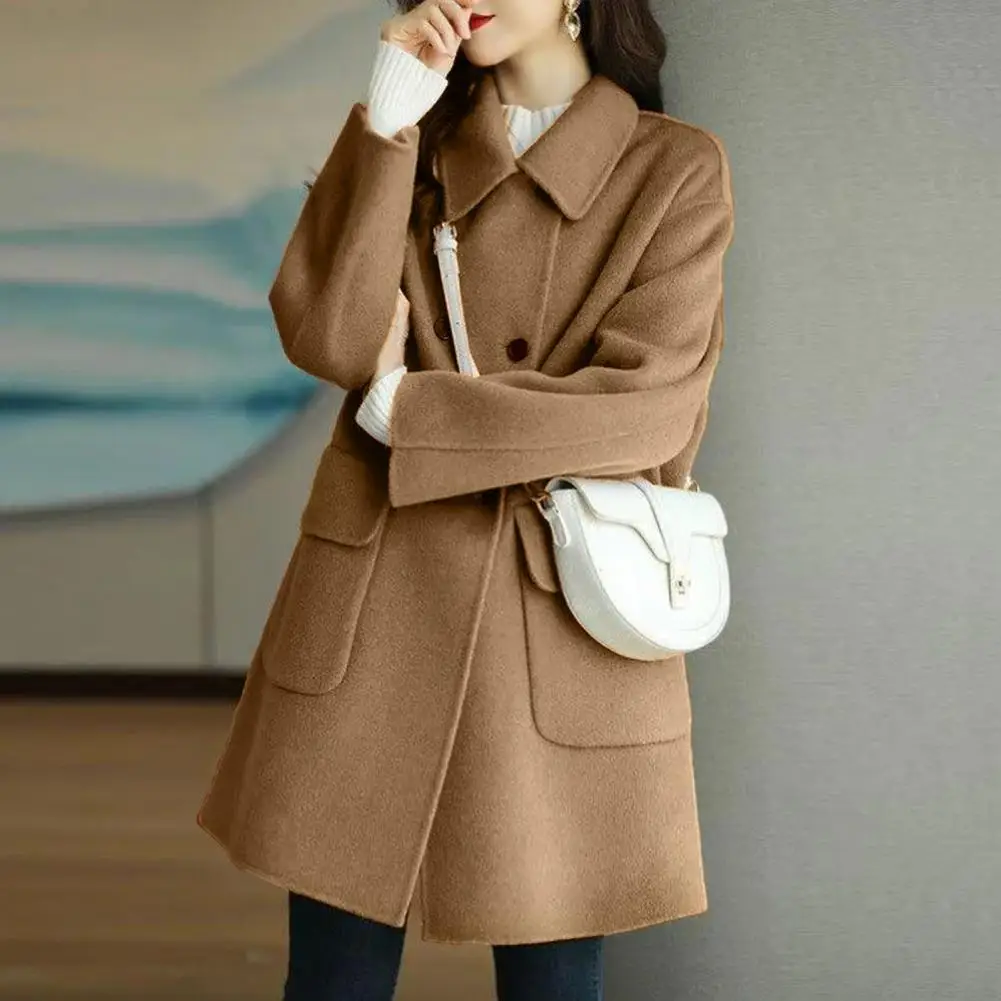 Women Woolen Coat Women Windproof Coat Stylish Women\'s Mid-length Woolen Coat Lapel Double Breasted Flap for Autumn/winter