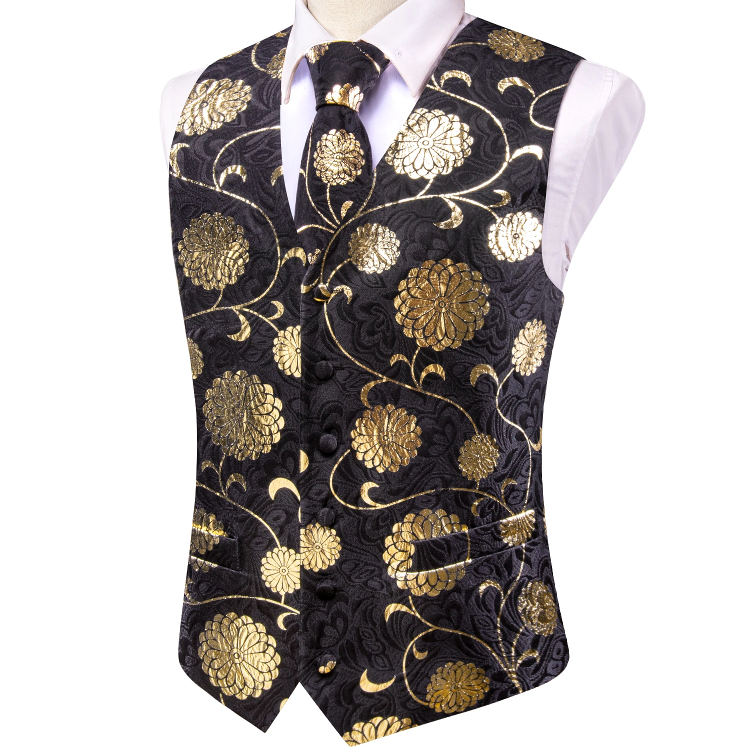 Black Gold Men's Silk Vest Fashion Sleeveless Jacquard Waistcoat Jacket Necktie Hanky Cufflinks Business Wedding Designer Hi-Tie