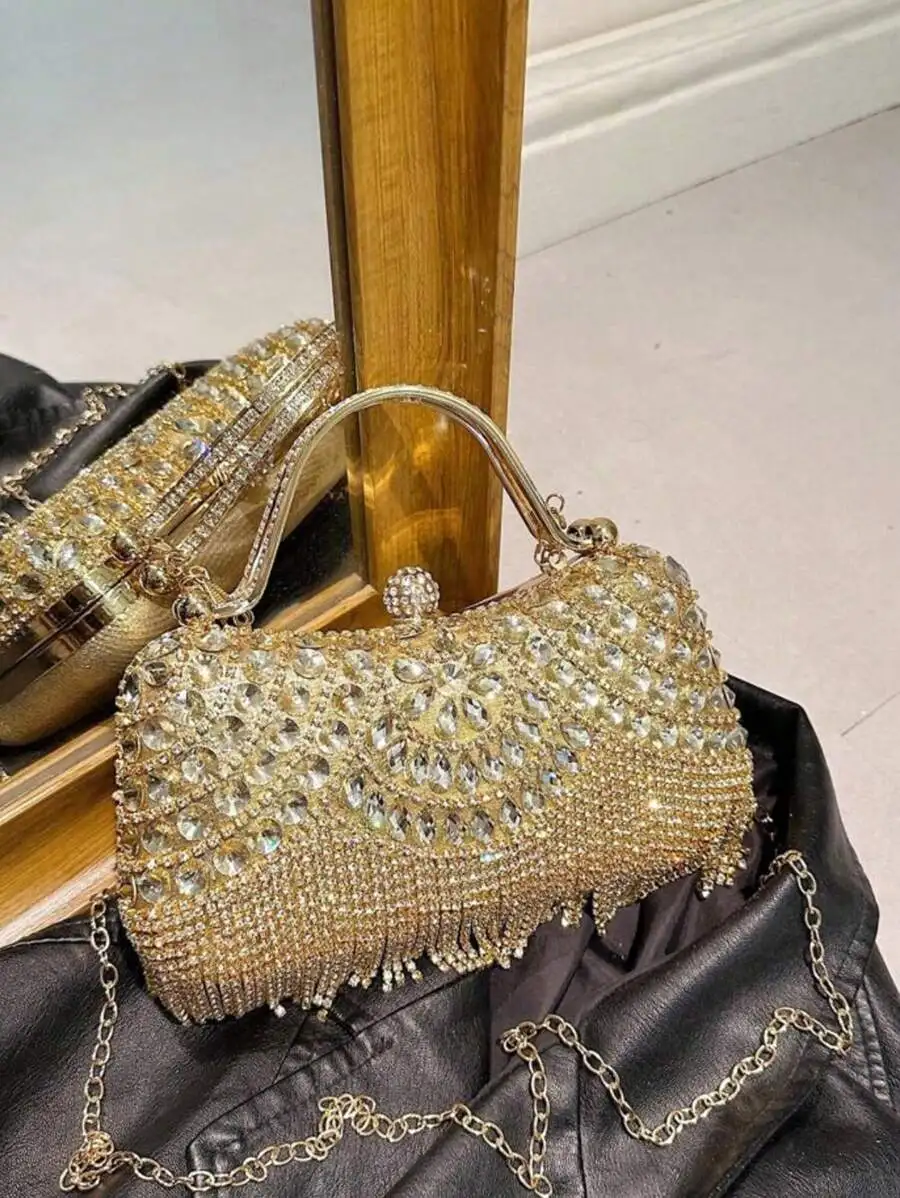 

Rhinestone Embellished Evening Clutch Bag With Tassel And Chain Strap For Party Wedding Prom