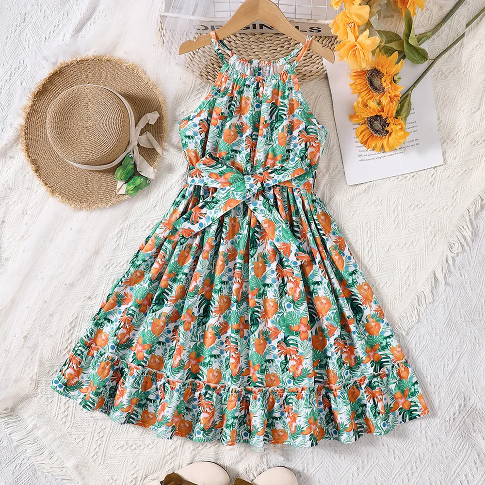 

2024 Summer New Arrival Girls Sleeveless Ruffles Print Floral Green Roupa Infantil Menina Cute Party Dress Custume 4-9T