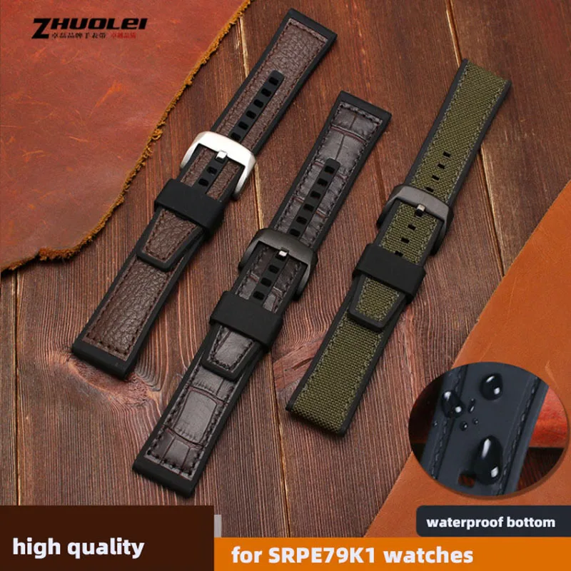 Genuine leather with silicone bottom watchband for SRPD76K1 SRPE80K1 SRPE79K1 wristband Sports Waterproof strap 22mm black brown