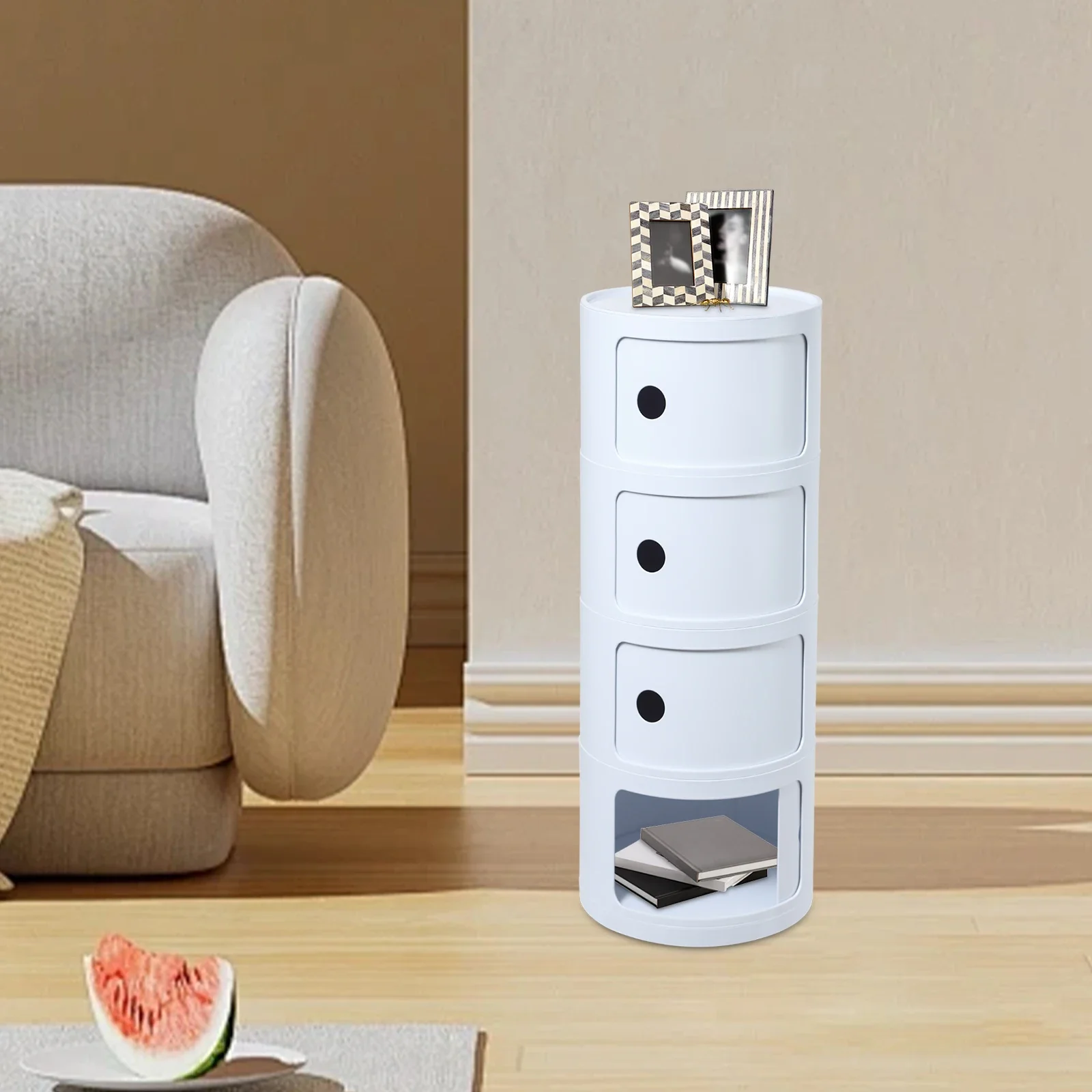 

Round 4-Tier Storage Cabinet with Wheels & Doors - White Modern Multifunctional Side Table - End Table for Bedroom & Living Room
