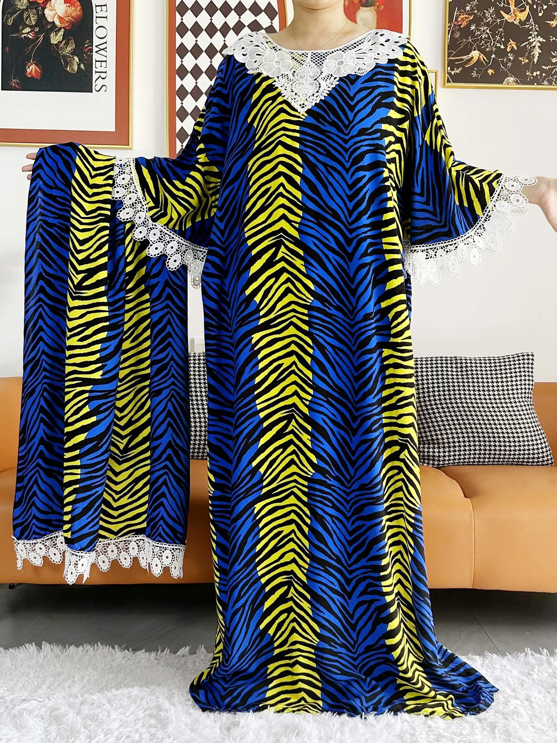 Vestido feminino africano, cachecol de renda, algodão estampado, boubou floral solto, mulheres islâmicas, abaya de manga curta, novo africano, 2020