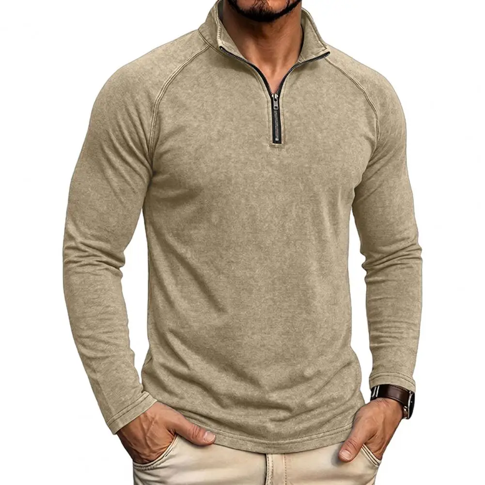 Men Quarter Zip Shirt, Soft Cotton Blend Golf Shirt, Long Raglan Sleeve Stand Collar Pullover Shirt for Street Daily Wear