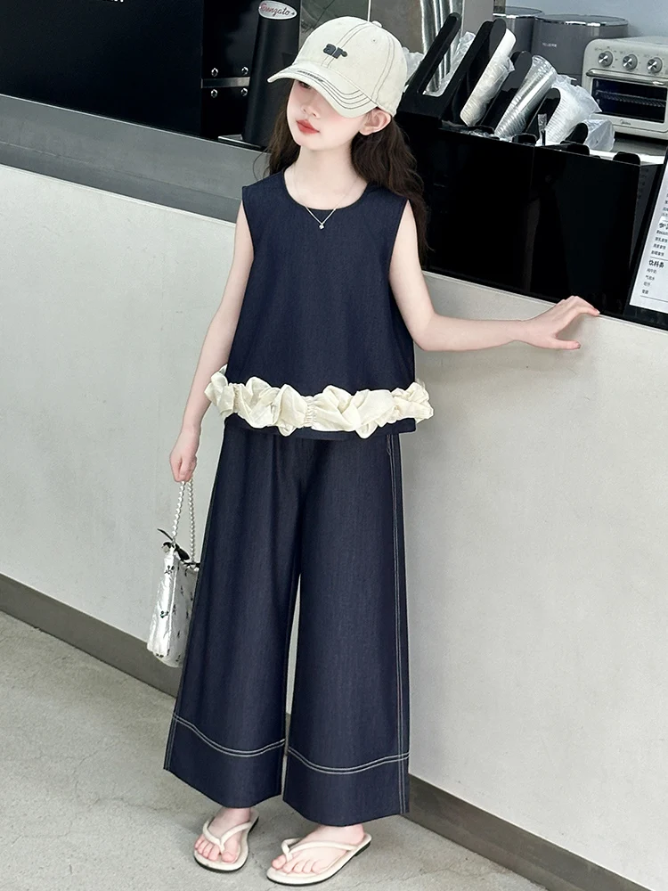 

Повседневный джинсовый комплект из двух предметов для девочек: летний модный хлопковый костюм с длинным или коротким рукавом для студентов, школьной формы, рабочей формы