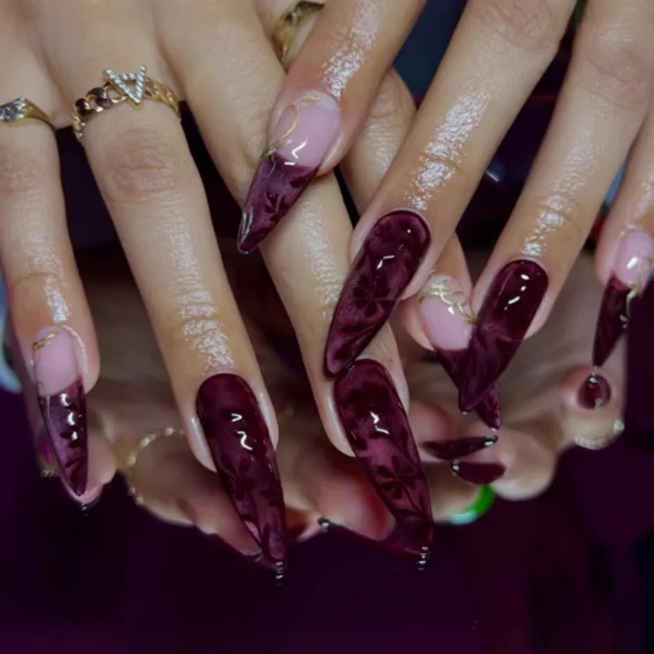 

24pcs Wearable Long Fake Nails Press on Cat's Eye Purple Almond False Nails Tips Flower Design Manicure French Full Cover Nail