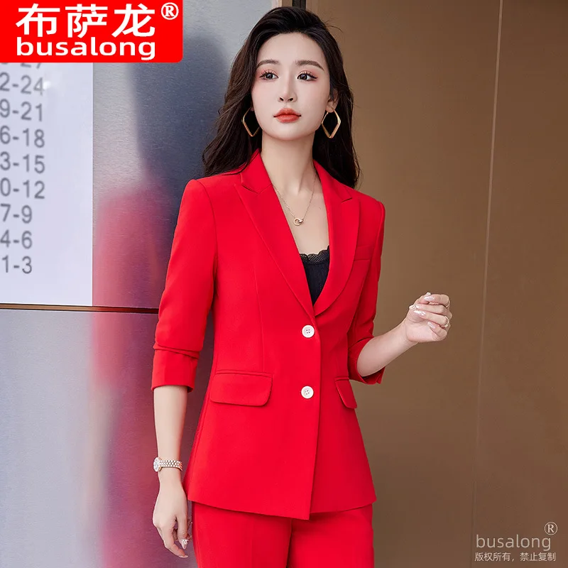 2023 Spring and Autumn New Fashion Long Sleeve Suit Women\'s Business Wear Red Small Suit Vest Suit Three-Piece Suit Women\'s