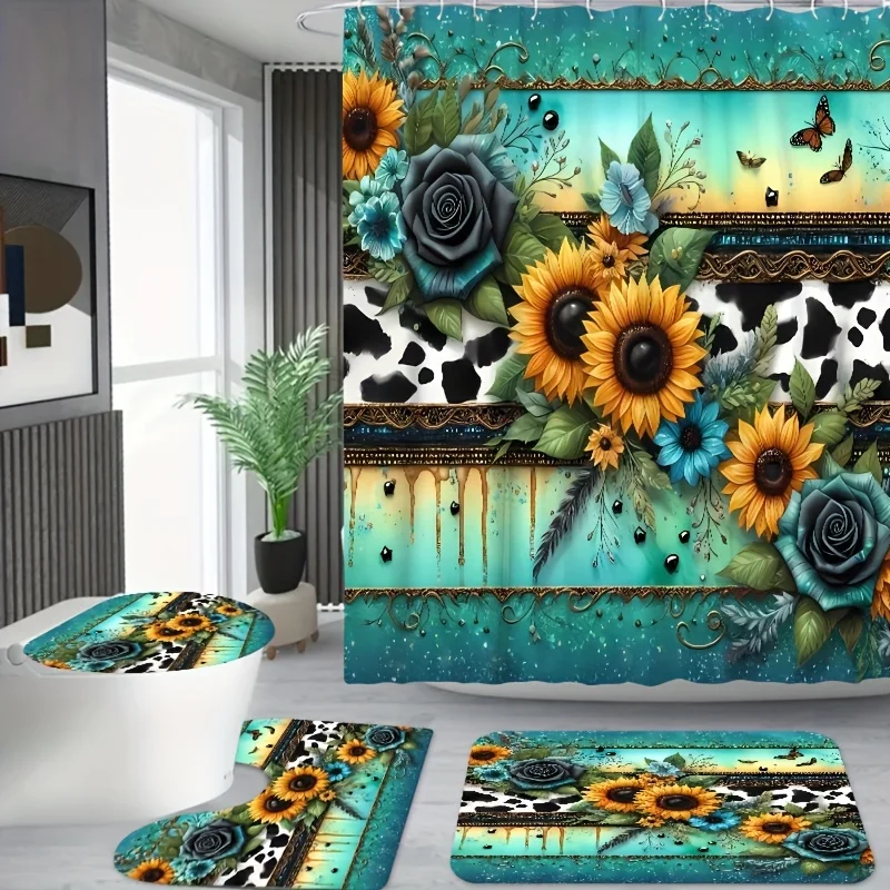 

4 шт., синий полосатый фон, роза, подсолнух, стиль, занавеска для душа в ванной комнате, набор из четырех предметов, набор из трех предметов для унитаза