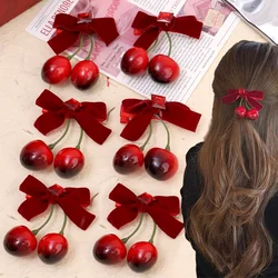 New Red Cherry Bowknot Hairpin New Year Funny Female Hair Accessories Retro Vintage Headdress Korean Cute BB Clip Birthday Gifts