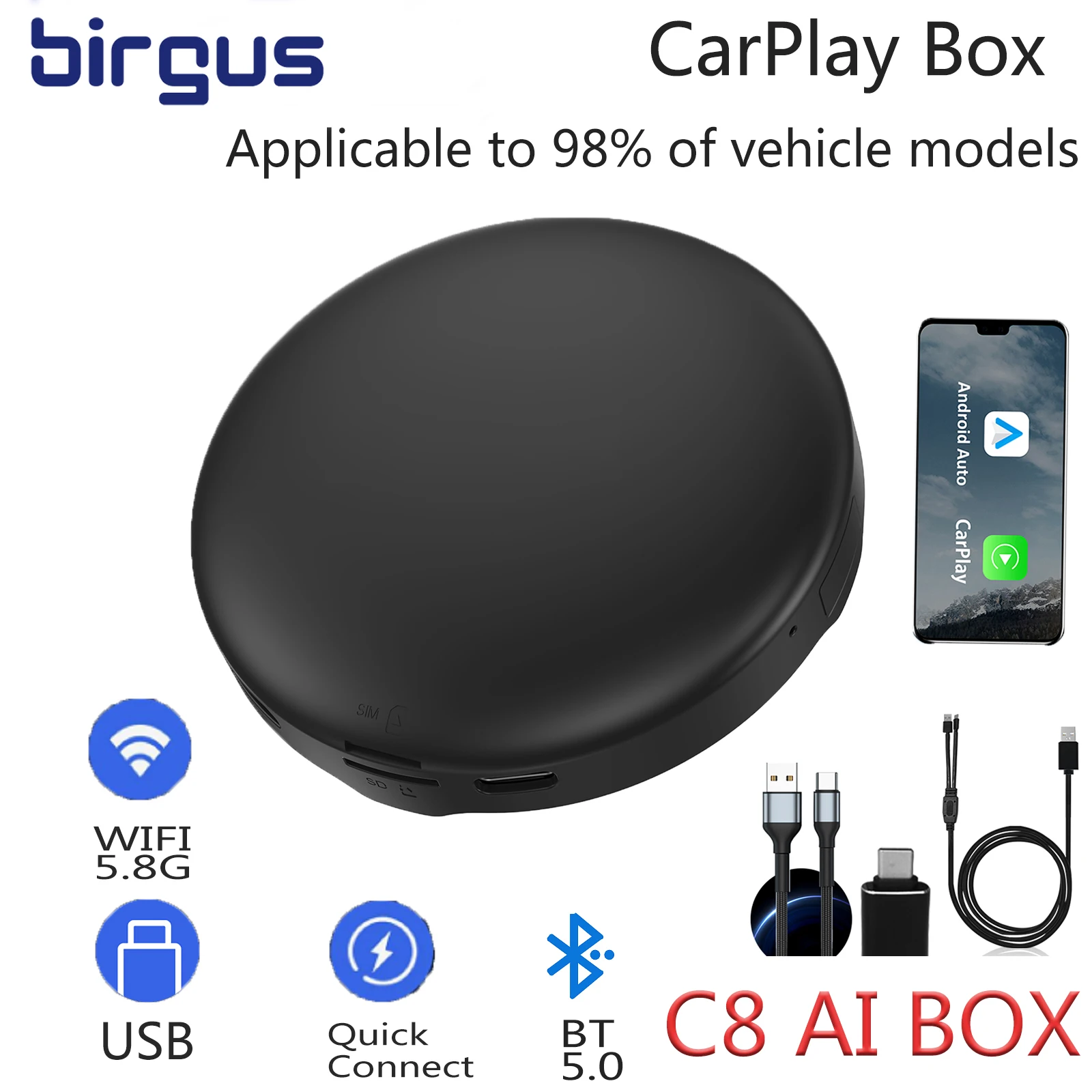 

Birgus C8 CarPlay Ai Box Wireless CarPlay adapter 4+64G QCM6125 For VW Audi Kia Fia Both 98% models Netflix YouTube Google Store