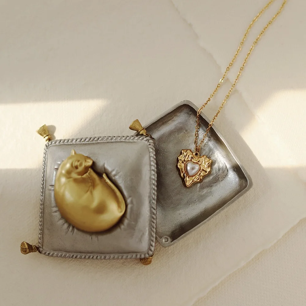 Stainless Steel Plated 18K Gold Irregular Lava Tin Foil Pearl Heart Pendant Necklace Women Luxury Charm Anniversary Jewelry