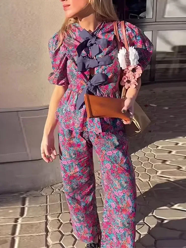 2024 Women Casual Pants Set Purple Print Wide Leg Pants+Bow Lace Up Short Sleeves Cardigan Shirts Texture Y2k Summer Suit