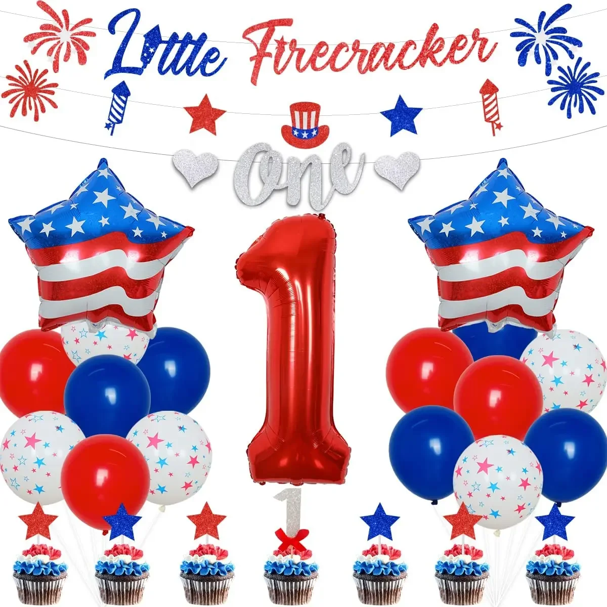 

CHEEREVEAL Little Firecracker 4th of July 1st Birthday Party Decorations Balloons Banner for USA Independence Day Supplies