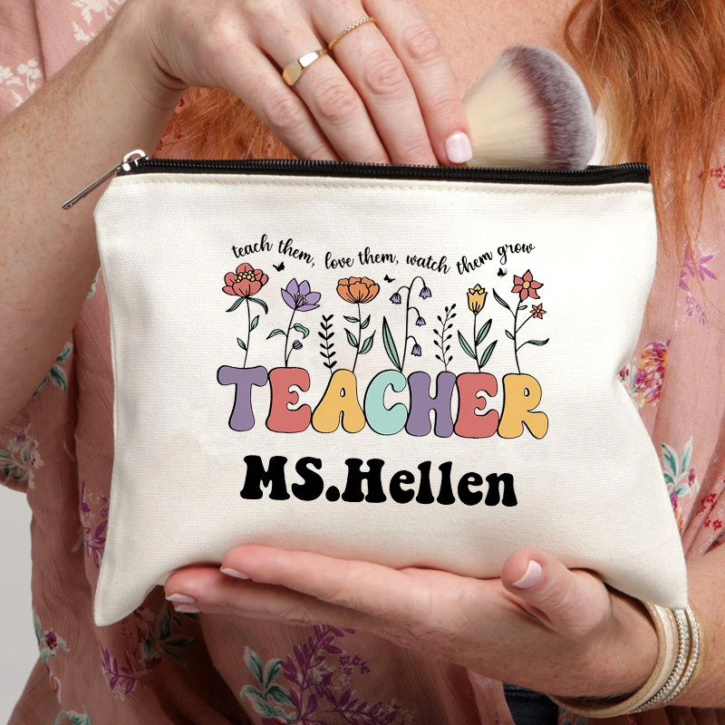 Teacher Personalized Canvas Cosmetic Bag Customized Name Travel Zipper Pouch Perfume Lipstick Storage Makeup Bags Teachers Gift