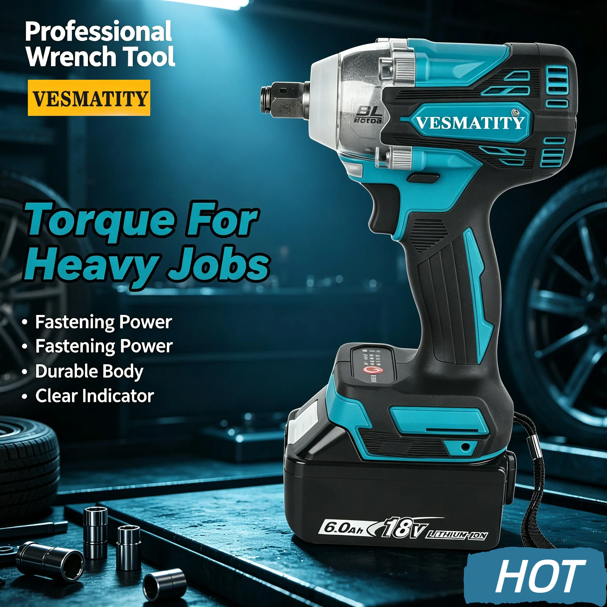 Vesmatity Wind Cannon Cordless Brushless Impact Wrench 330Nm Tire Removal Lithium Tool Auto Repair 18V 20V Battery Max Kit Plus