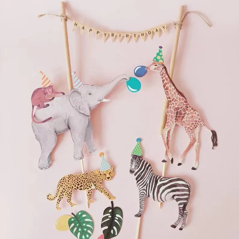 Animal Cake Topper Giraffe Elephant Zebra Happy Birthday Wedding Kids Party Baby Shower Cupcake Decoration Baking Supplies DIY