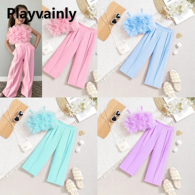 

Летний комплект из 2 предметов для девочек, тюлевой укороченный топ на бретельках без рукавов + однотонные повседневные штаны, детская праздничная одежда для фотосъемки Y4055