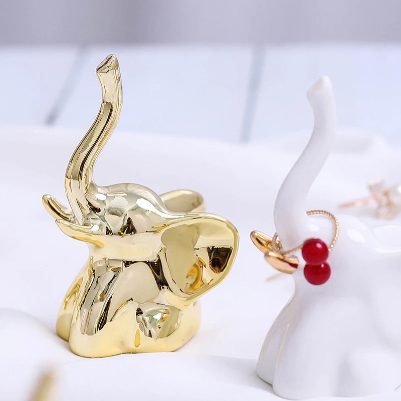 Cute White Fox Figurines Ceramic Cute Gold Elephant Elk Animal Ornaments Modern Statue Jewelry Rack Miniature Home Decoration