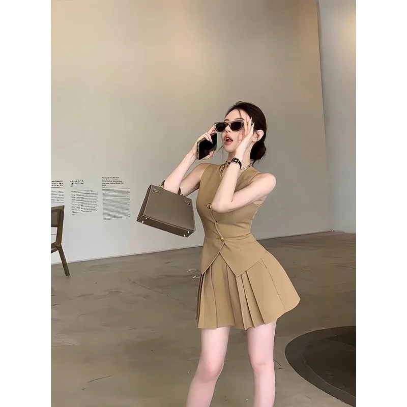 Women's Camel Sleeveless Vest Mini Dress with Gold Button Decor Pleated Skirt Fashion Office Outfit