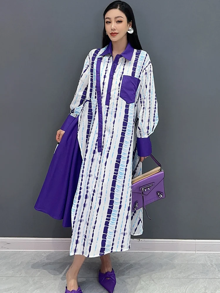 SHENGPALAE 2024 Summer New Fashion Loose Long Sleeved Shirt Dress For Women Color Block Korean Chic Female Dresses Robe  5C1071