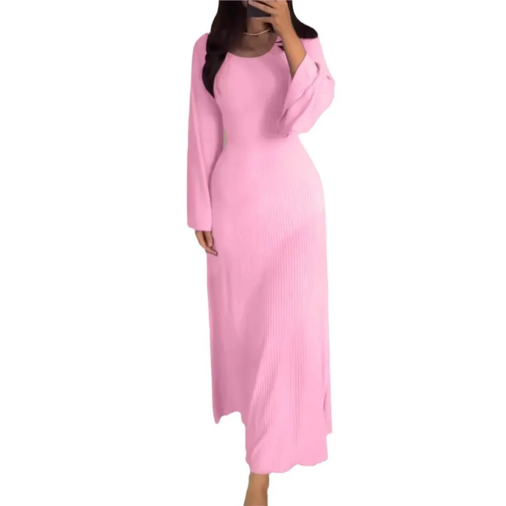 Fashion Solid Ribbed Back Lace-Up Straps Maxi Dress Female Long Sleeve Slim Bandage Spring Autumn Women Dresses 2024 New Color