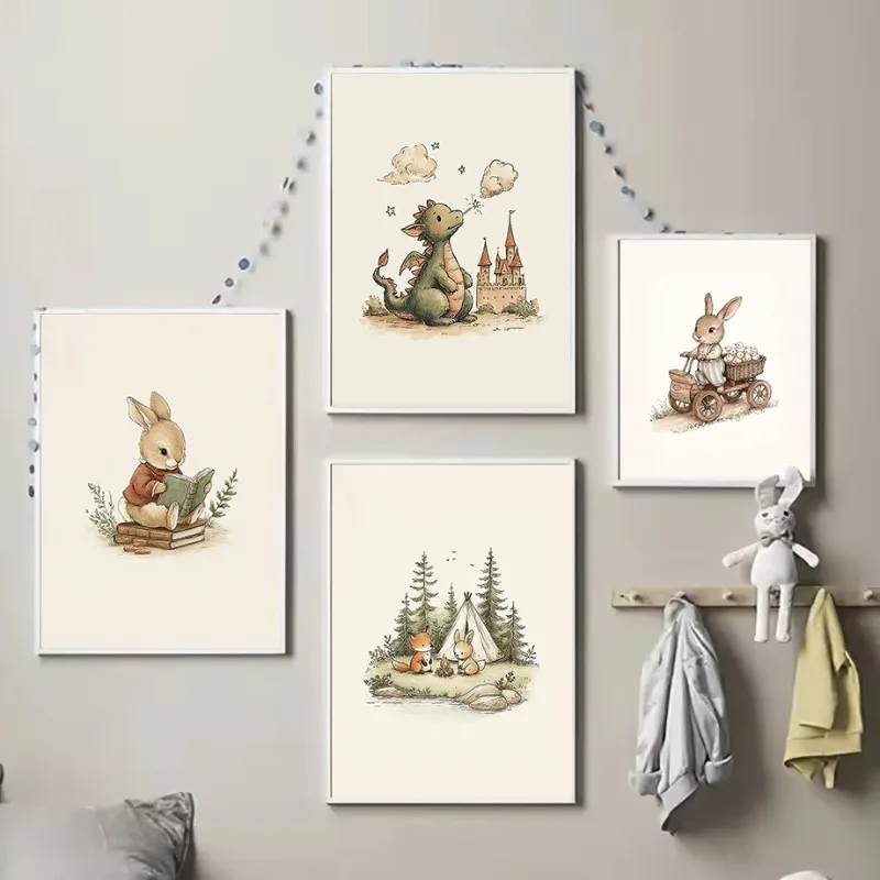 (1PC Unframe)Storytime Rabbit Bear Camping Dinasaur Bunny Nursery Fairytale Cartoon Poster Canvas Painting Wall Art Pictures Hom