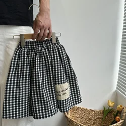 HoneyCherry Girls Patch Plaid Half-body Skirt Autumn New Girls Retro Literary High Waist Elastic Skirt Girls Skirts